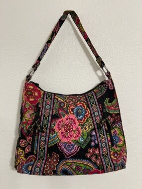 Vera Bradley Black Quilted Paisley Floral Shoulder Bag with Pink & Green Accents